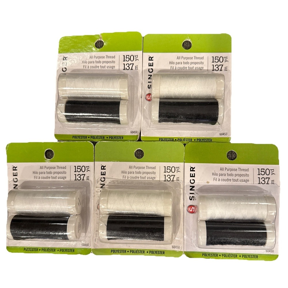 5X SINGER All Purpose Thread 150yd , 137m‎ #60450 Black White Colorfast Washable